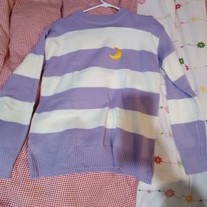 Purple & White Striped Sweater With Moon